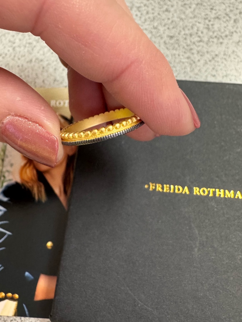 Freida Rothman Matte Gold Beaded Edge Stackable Ring - Picture 4 of 5